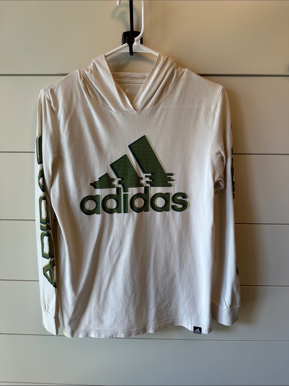 adidas boys beige Crewneck Long-Sleeve hoodie with Green Logo